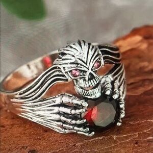 Gothic Silver Skull Ring with Red and Pink Gemstones